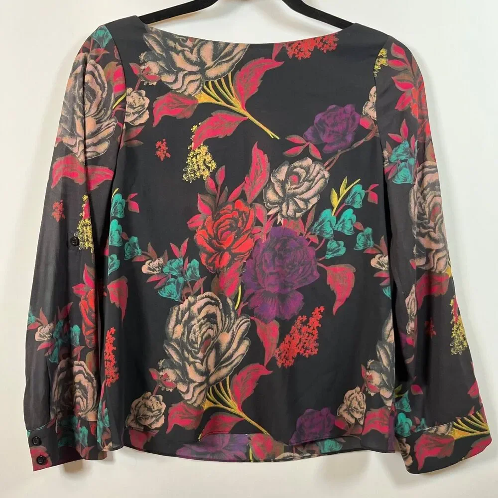 Alice & Olivia Silk Rose Floral Blouse Womens XS Spring Dark Multicolor - Picture 2 of 7
